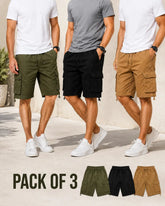Pack of 3 Six-Pocket Cargo shorts | Overrun Factory Stock | Cotton Twill