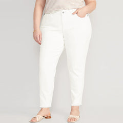 Slim straight stretchable raw edge white jeans for women