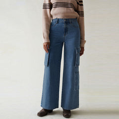 mgo wide leg medium blue 7 pockets cargo jeans for women